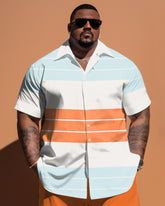 Men's Plus Size Color Contrast Striped Patchwork Short Sleeve Shirt Shorts Set